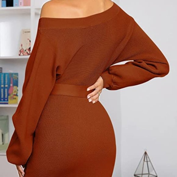 Atergen Dresses & Skirts - Atergens Women's Off Shoulder Sweater Dress Long Sleeve Slim Knit Dress No Belt